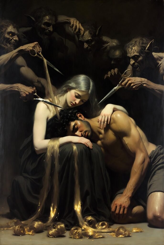 Samson's fall Devil cutting off hair